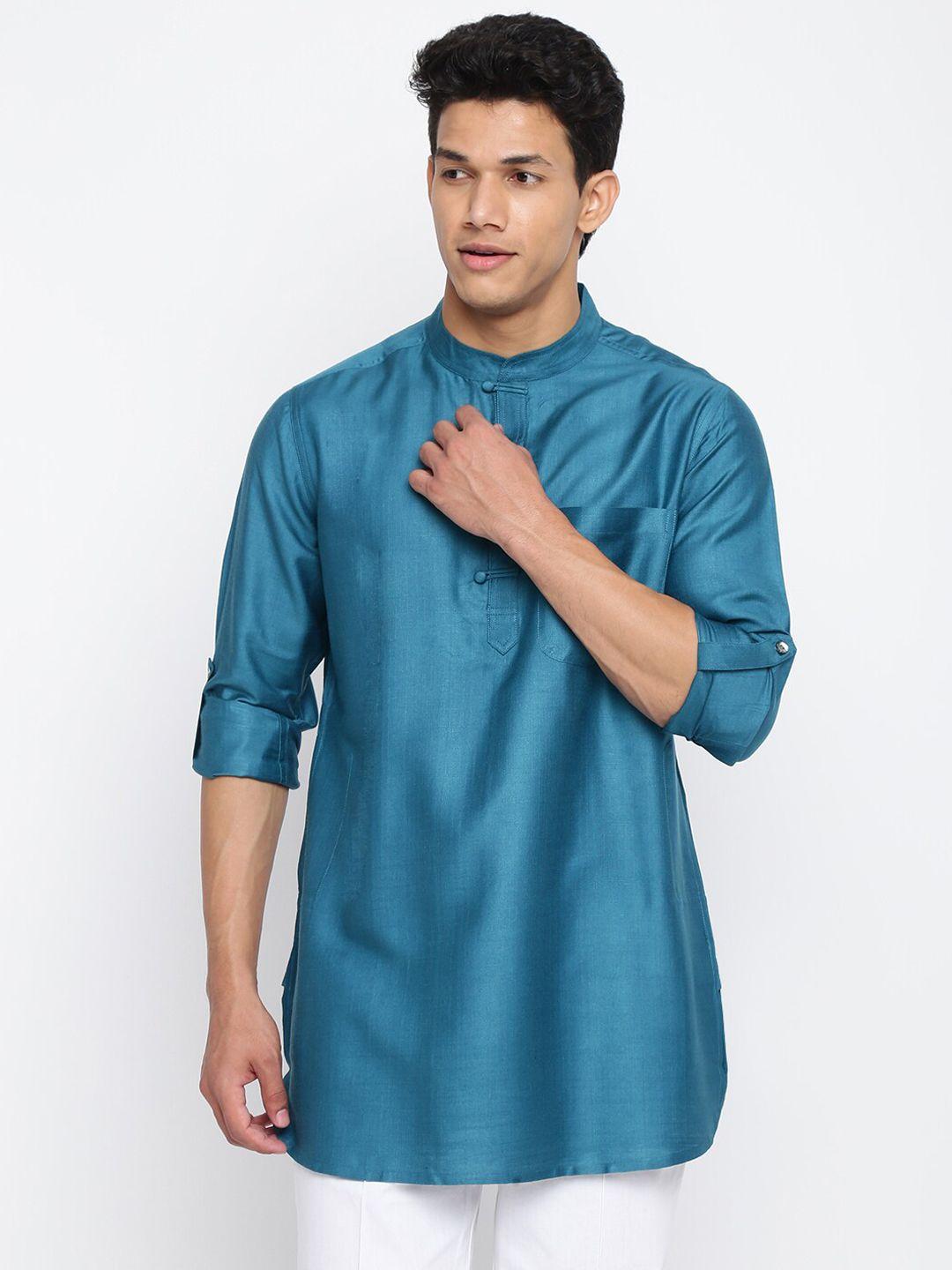 fabindia men teal blue short kurta