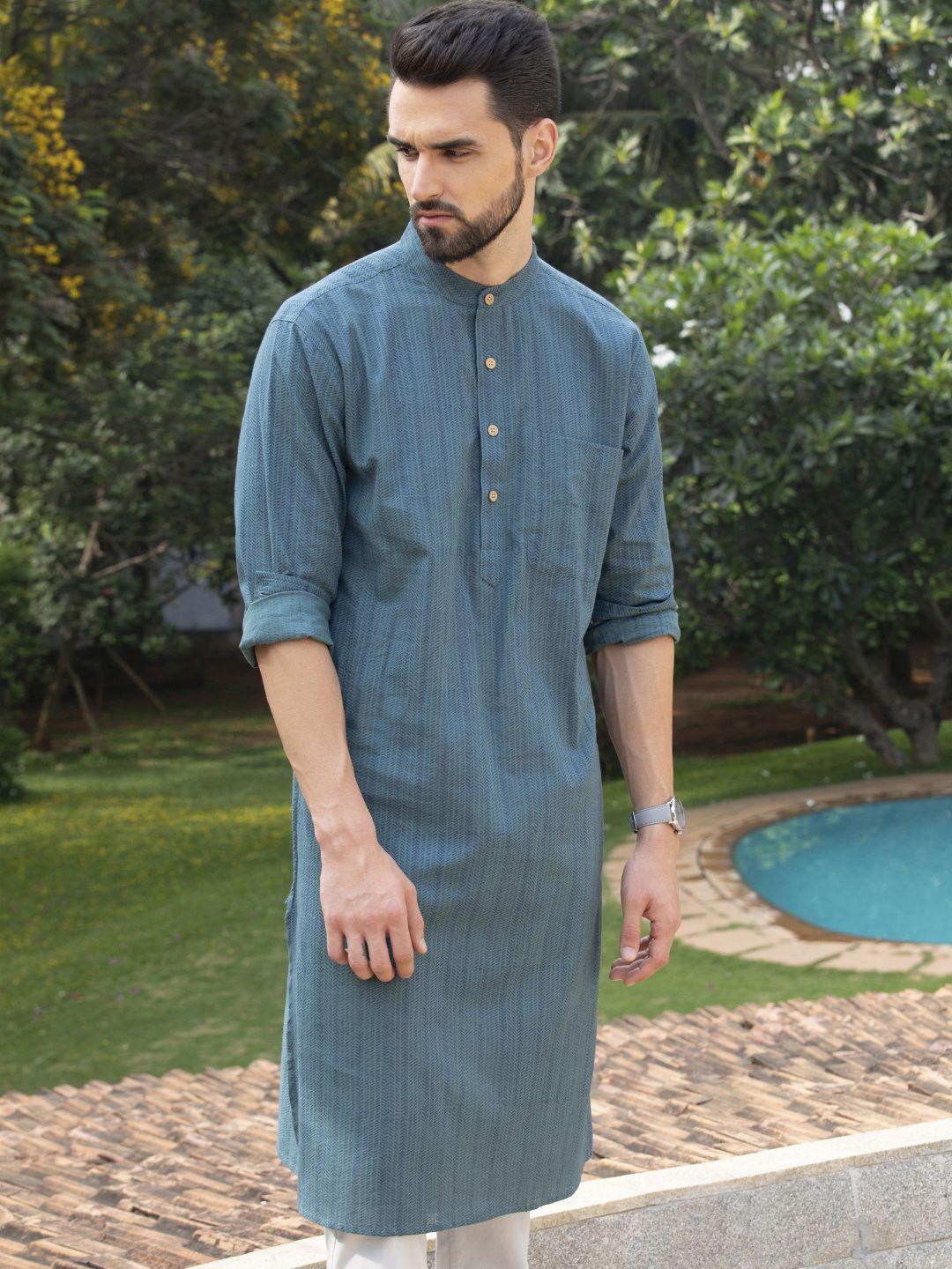 fabindia men teal blue slim fit pure cotton printed straight kurta