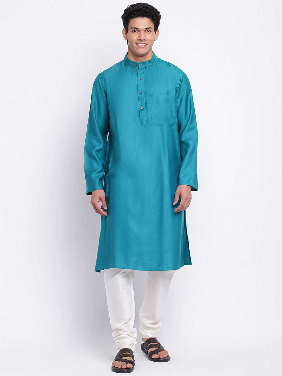 fabindia men teal blue solid straight kurta