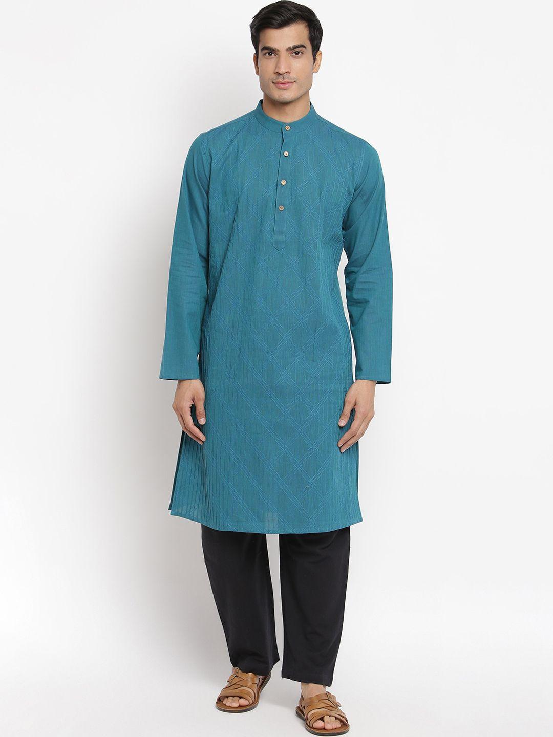 fabindia men teal embroidered thread work cotton kurta