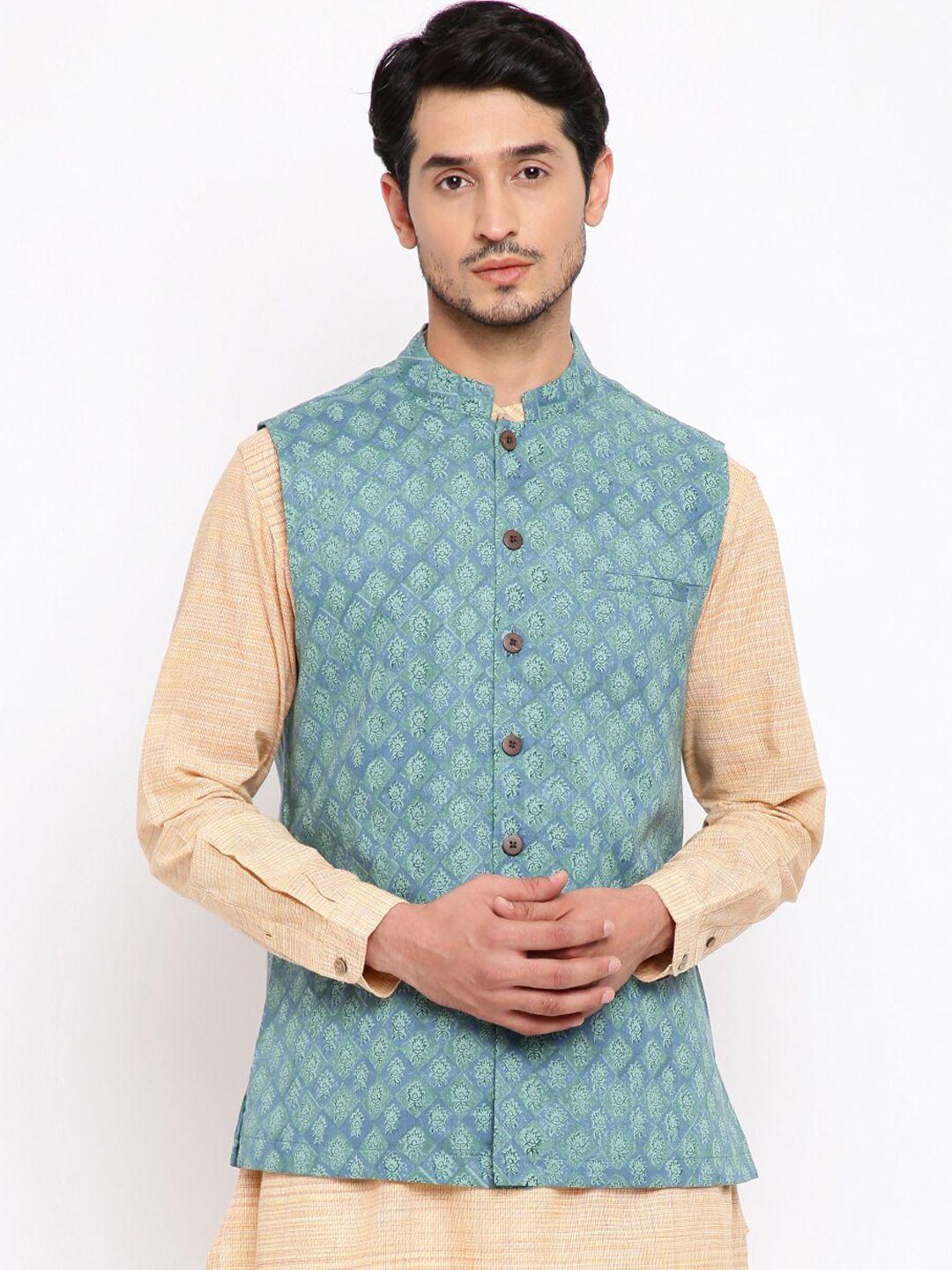 fabindia men teal printed cotton nehru jacket