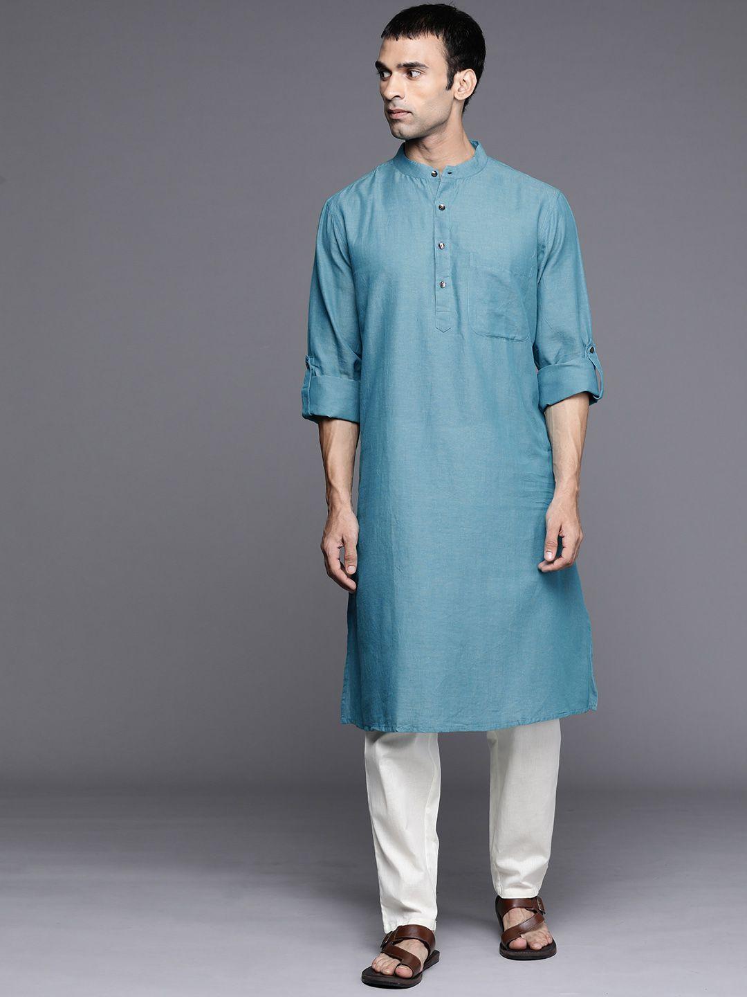 fabindia men turquoise blue solid cotton straight kurta