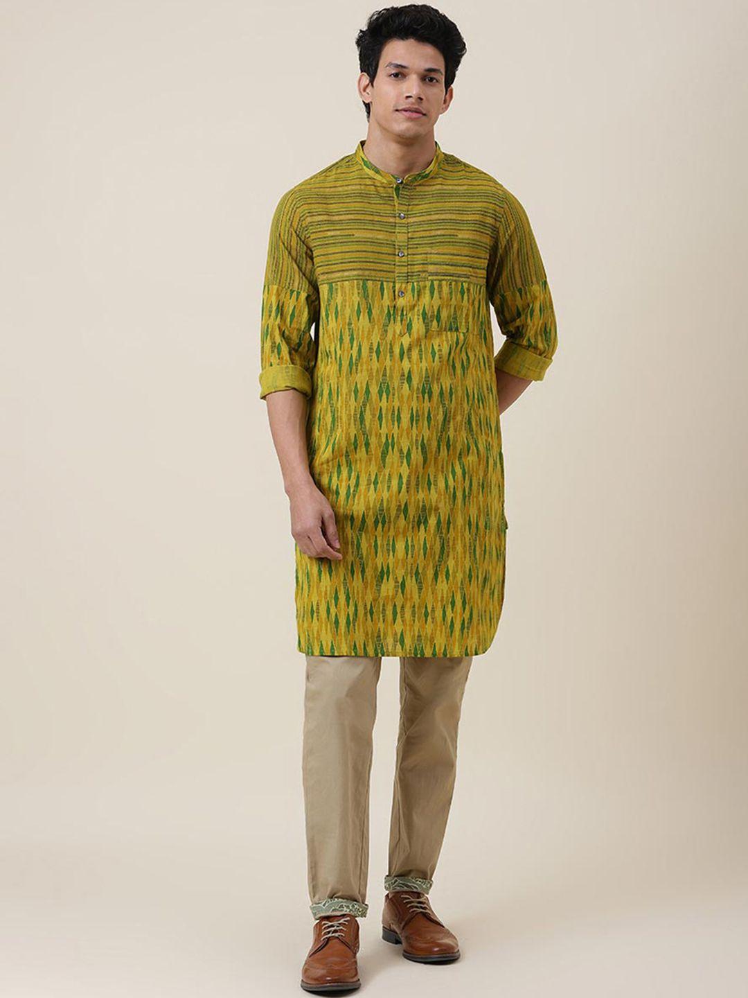 fabindia men yellow printed cotton kurta