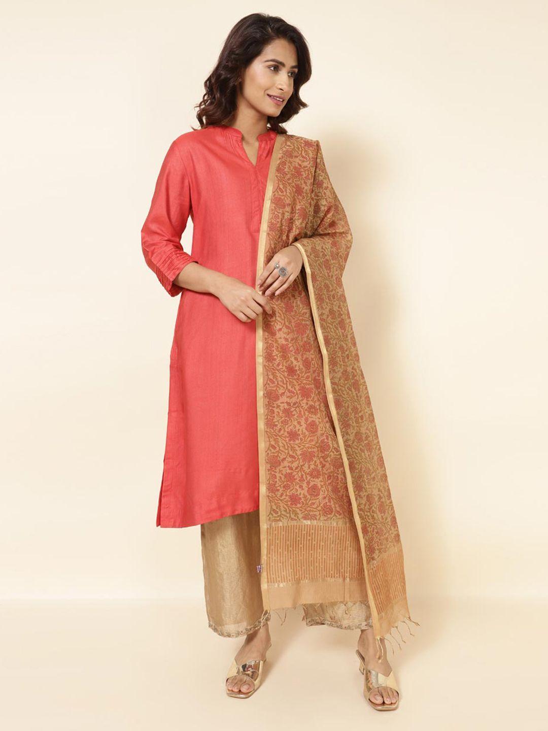 fabindia mustard & red printed cotton silk dupatta with zari