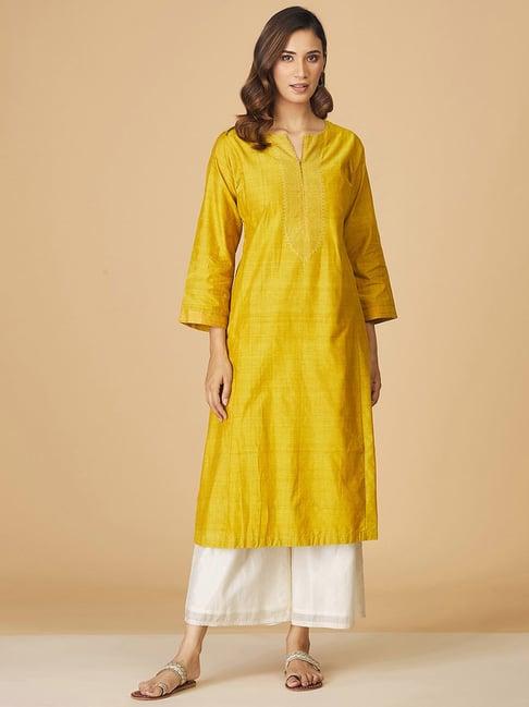 fabindia mustard cotton embroidered straight kurta