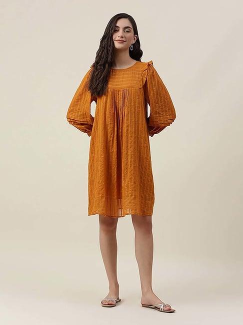 fabindia mustard cotton self pattern a-line dress