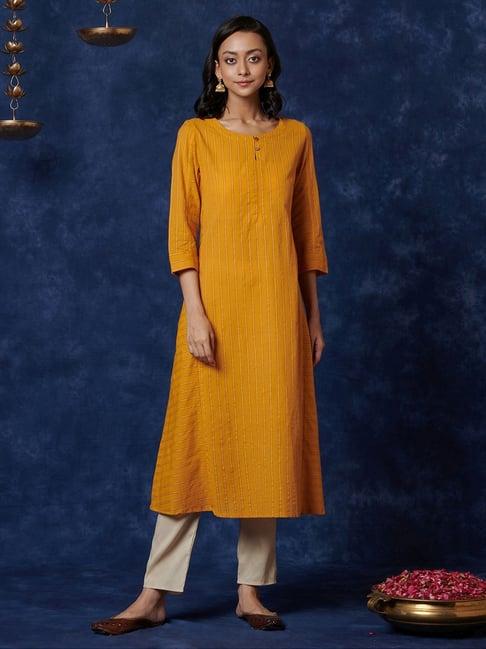 fabindia mustard cotton striped straight kurta