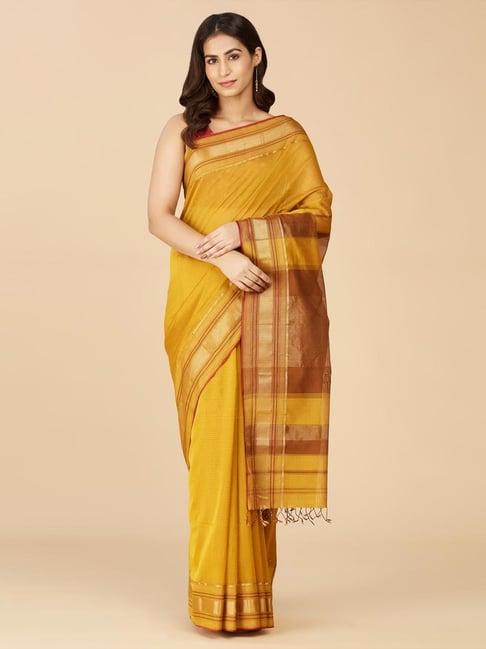 fabindia mustard striped saree without blouse