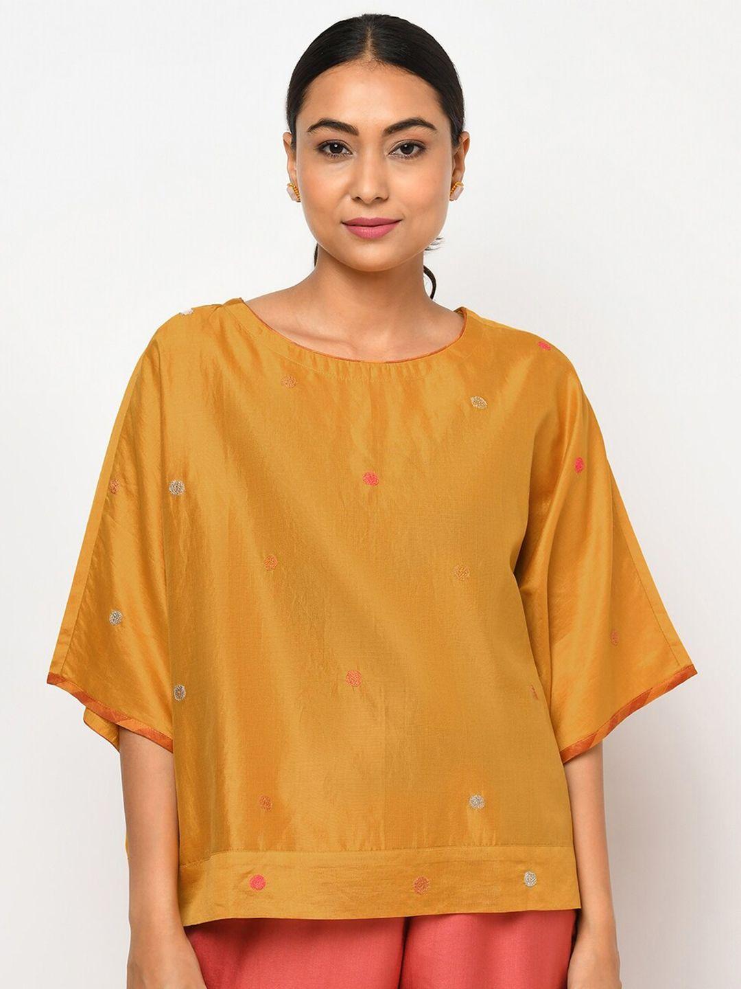 fabindia mustard yellow & silver-toned extended sleeves a-line top