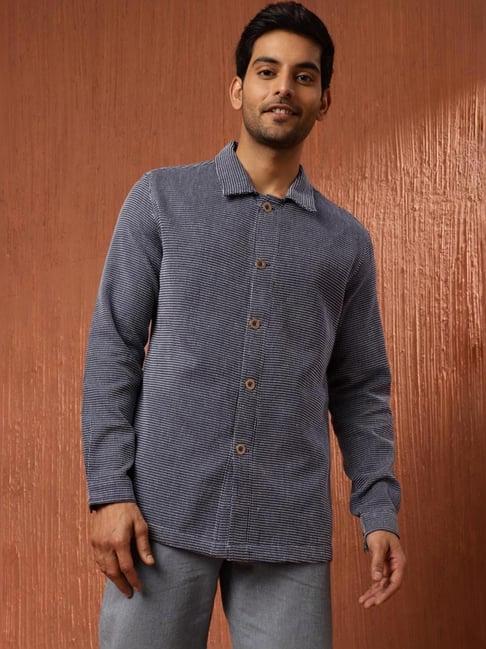 fabindia navy blue cotton straight fit texture jacket