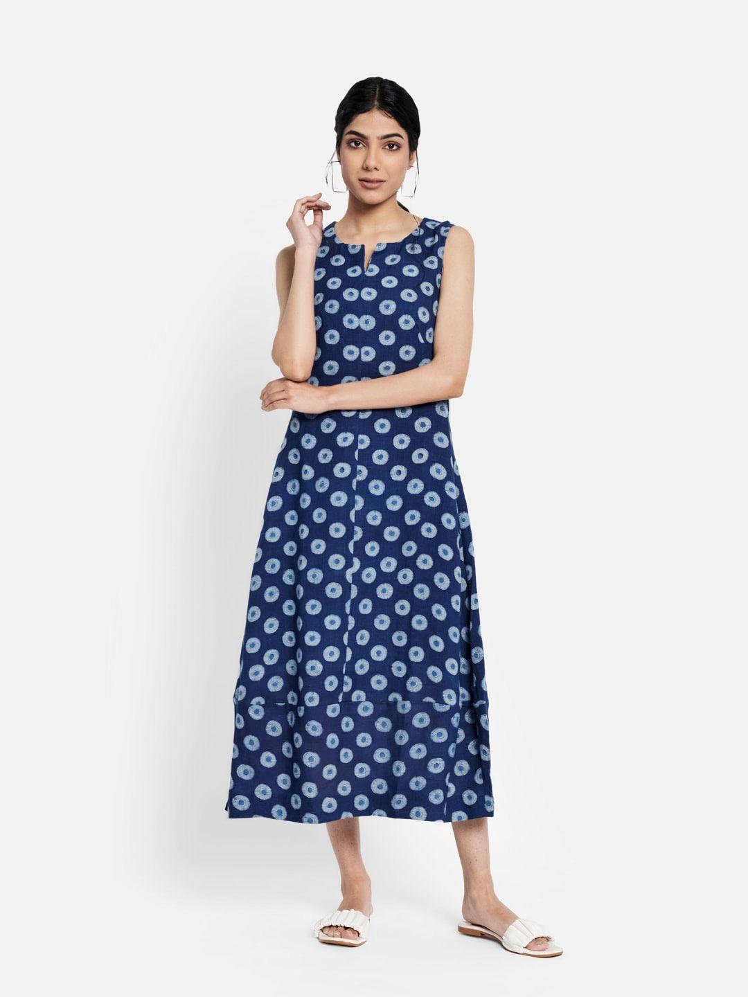 fabindia navy blue ethnic motifs dabu print linen ethnic a-line midi dress