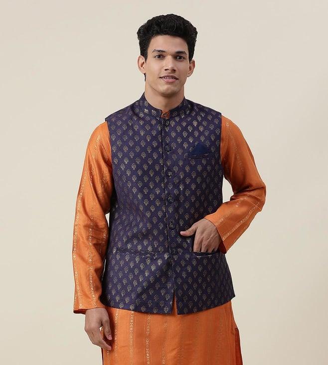 fabindia navy blue viscose silk printed nehru jacket