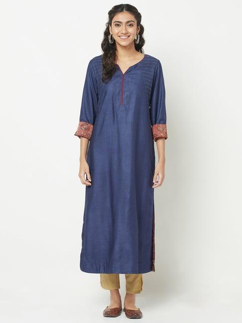 fabindia navy embroidered straight kurta