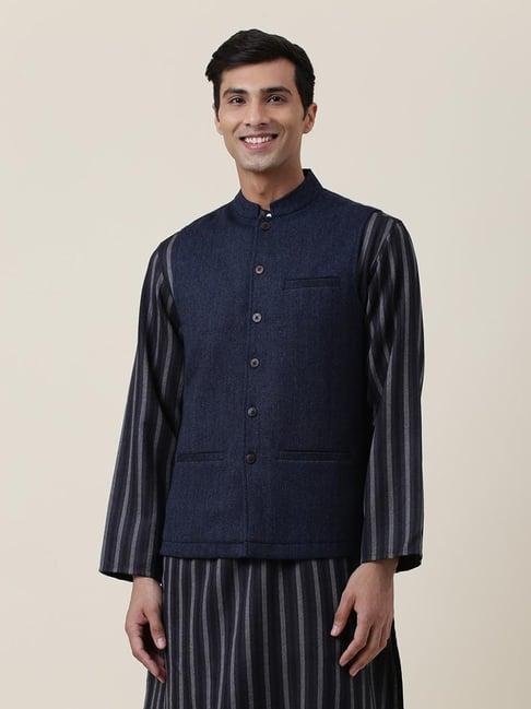 fabindia navy regular fit nehru jacket