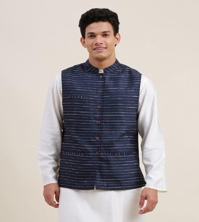 fabindia navy viscose blend striped nehru jacket