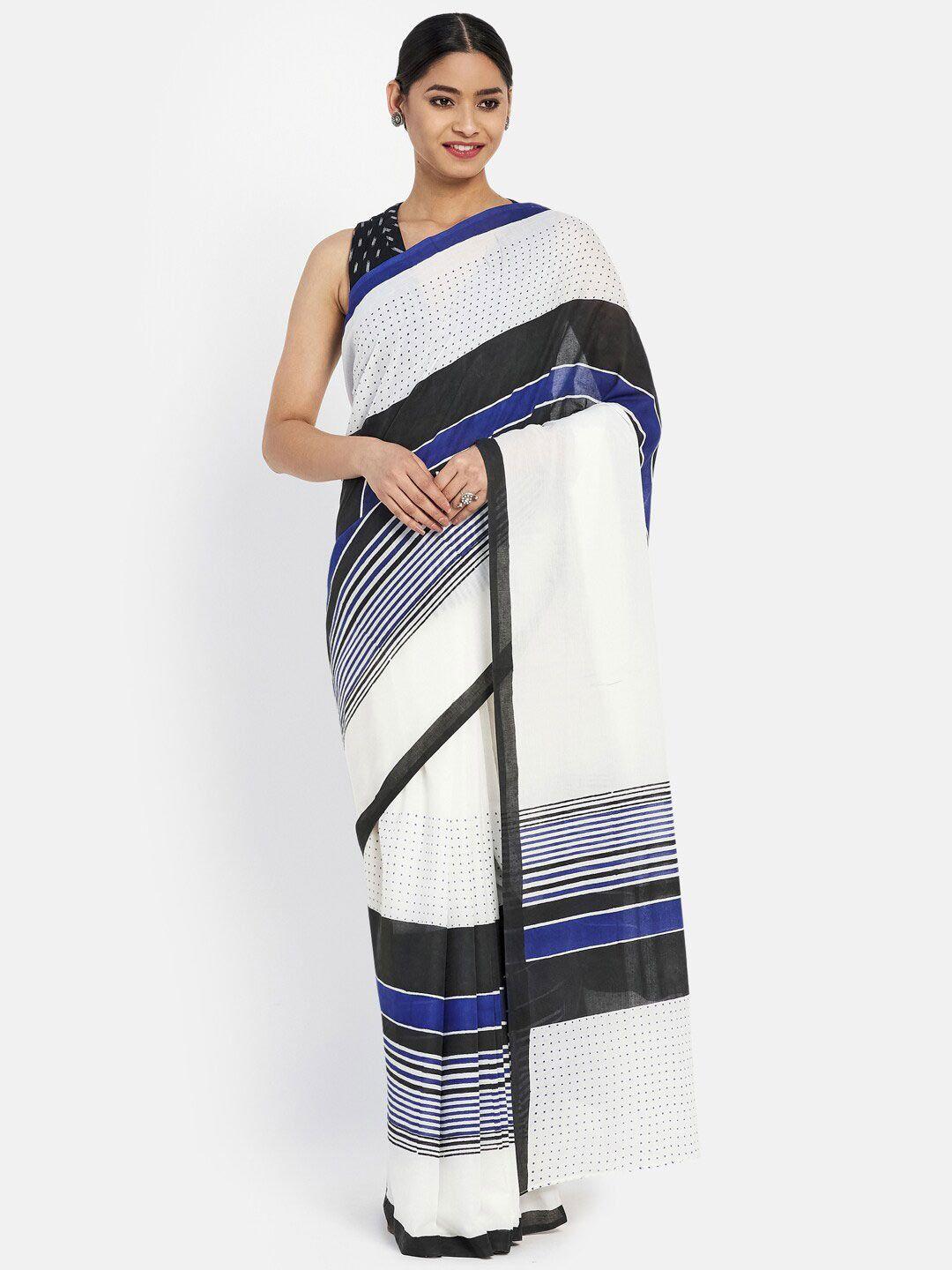 fabindia off white & black pure cotton block print saree