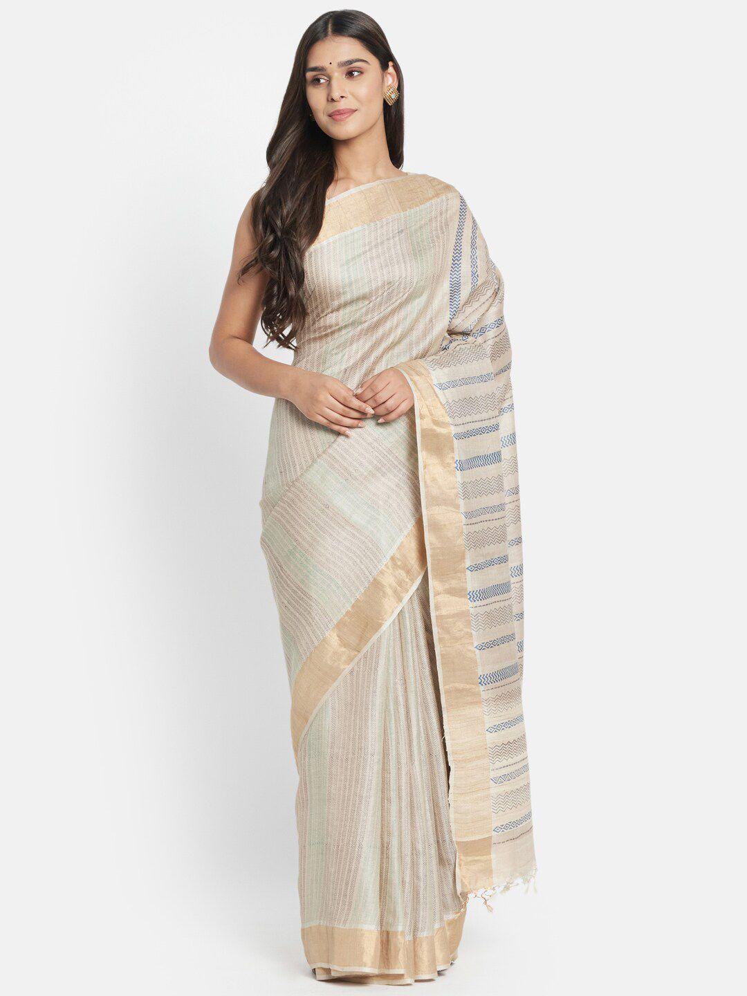 fabindia off white & blue striped zari pure silk block print saree