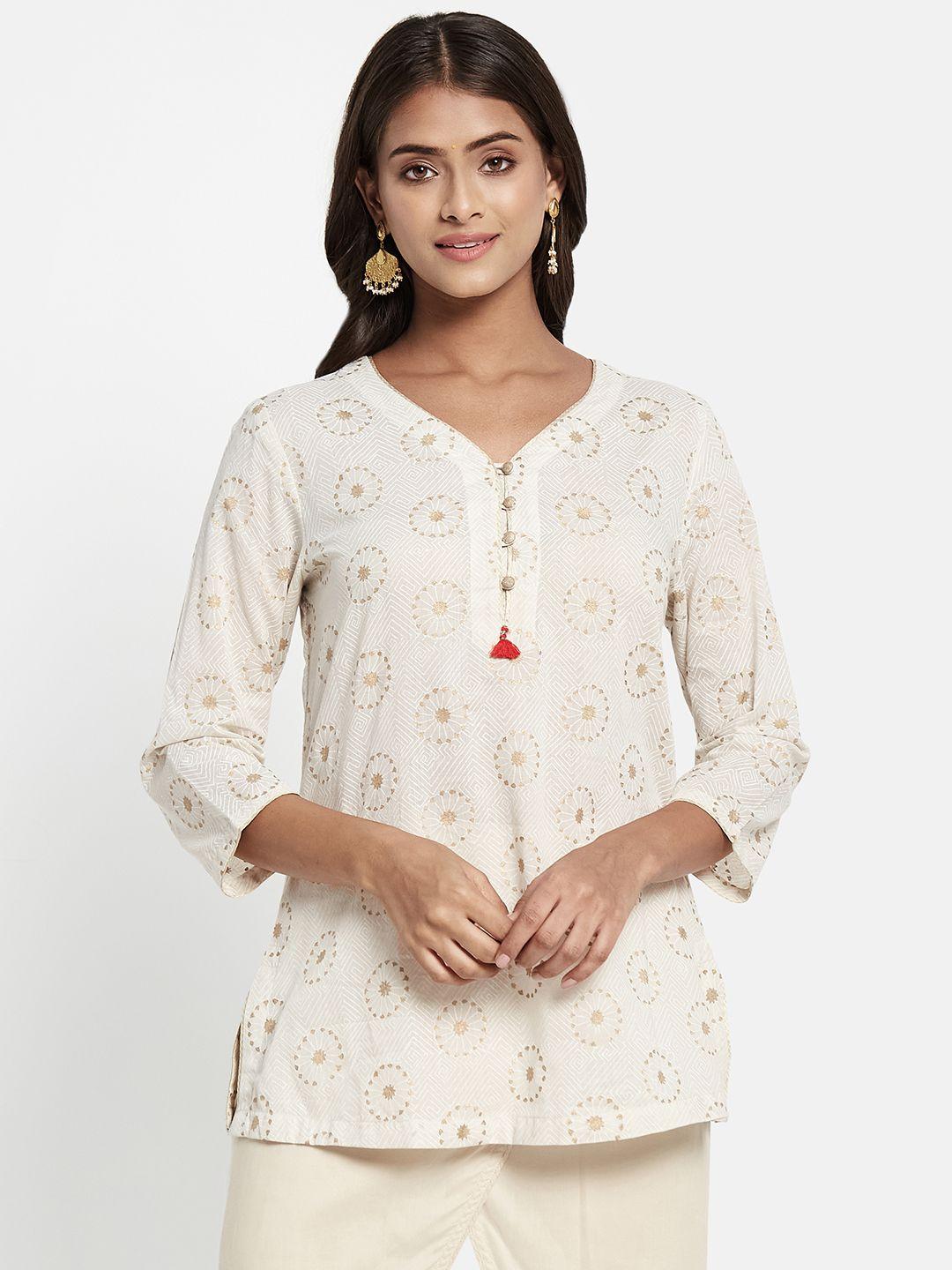 fabindia off white & golden ethnic motifs printed pure cotton kurti