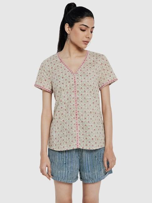 fabindia off-white & green cottom printed top