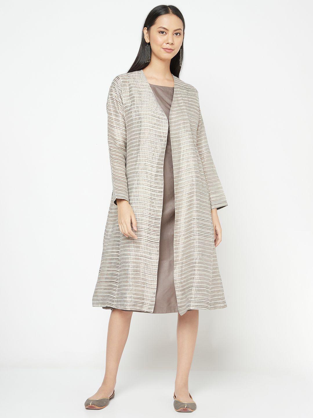 fabindia off-white & grey solid panelled a-line dress with brocade jacket