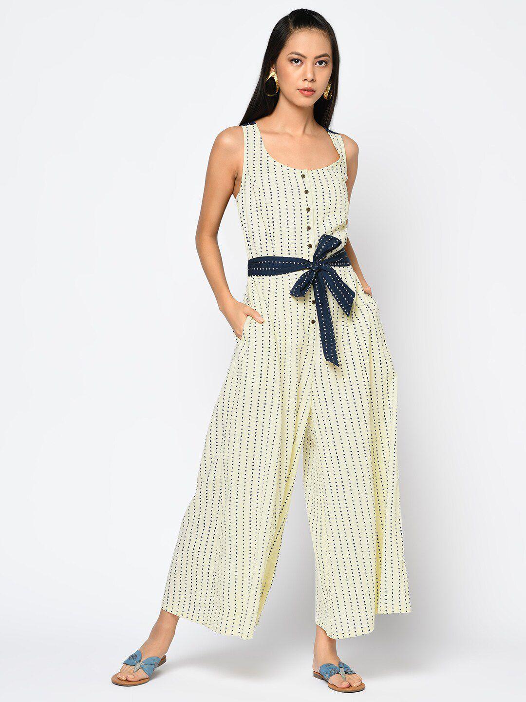 fabindia off white & navy blue linen printed basic jumpsuit