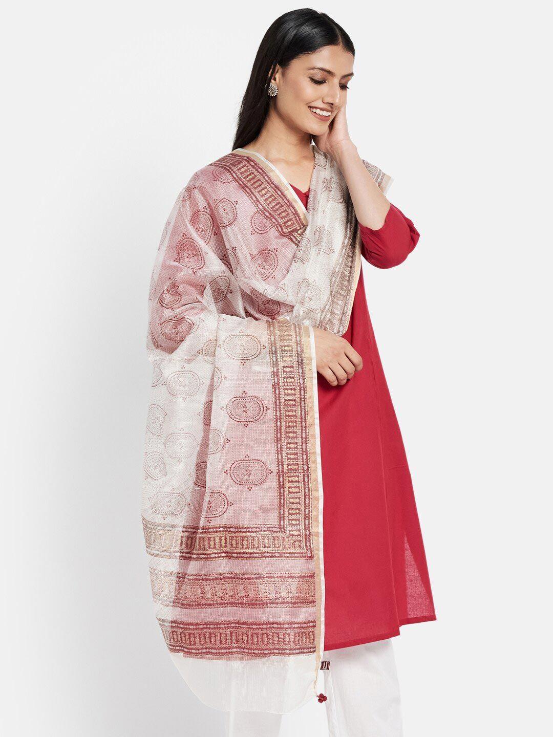 fabindia off white & pink printed pure silk dupatta