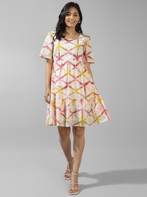 fabindia off-white cotton printed a-line dress