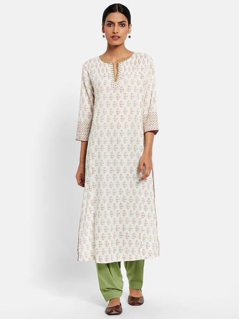 fabindia off-white cotton printed straight kurta