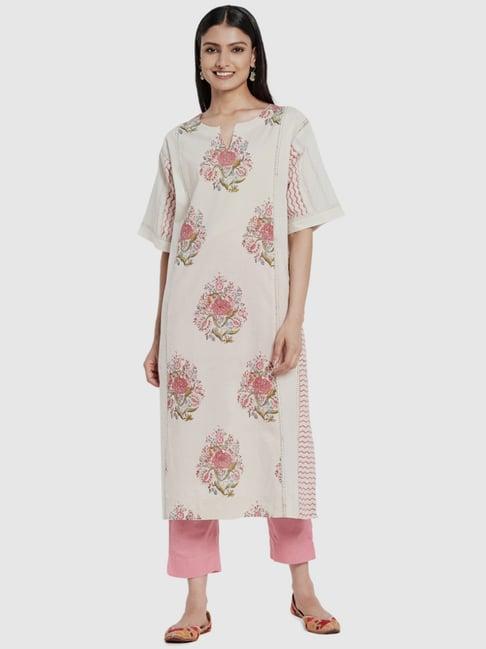 fabindia off-white cotton printed straight kurta