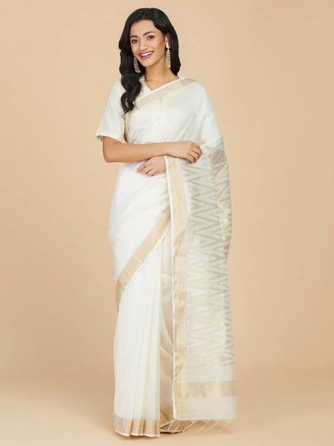 fabindia off white cotton silk printed saree with blouse piece