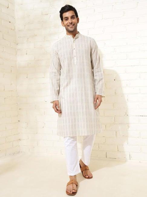 fabindia off white cotton slim fit dobby kurta