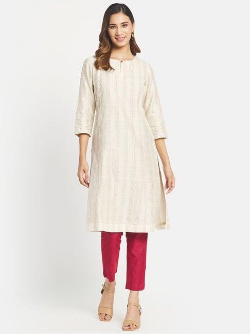 fabindia off-white floral print straight kurta