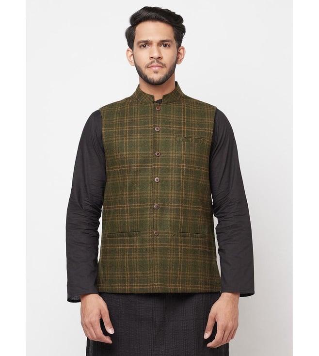 fabindia olive sleeveless mandarin collar nehru jacket