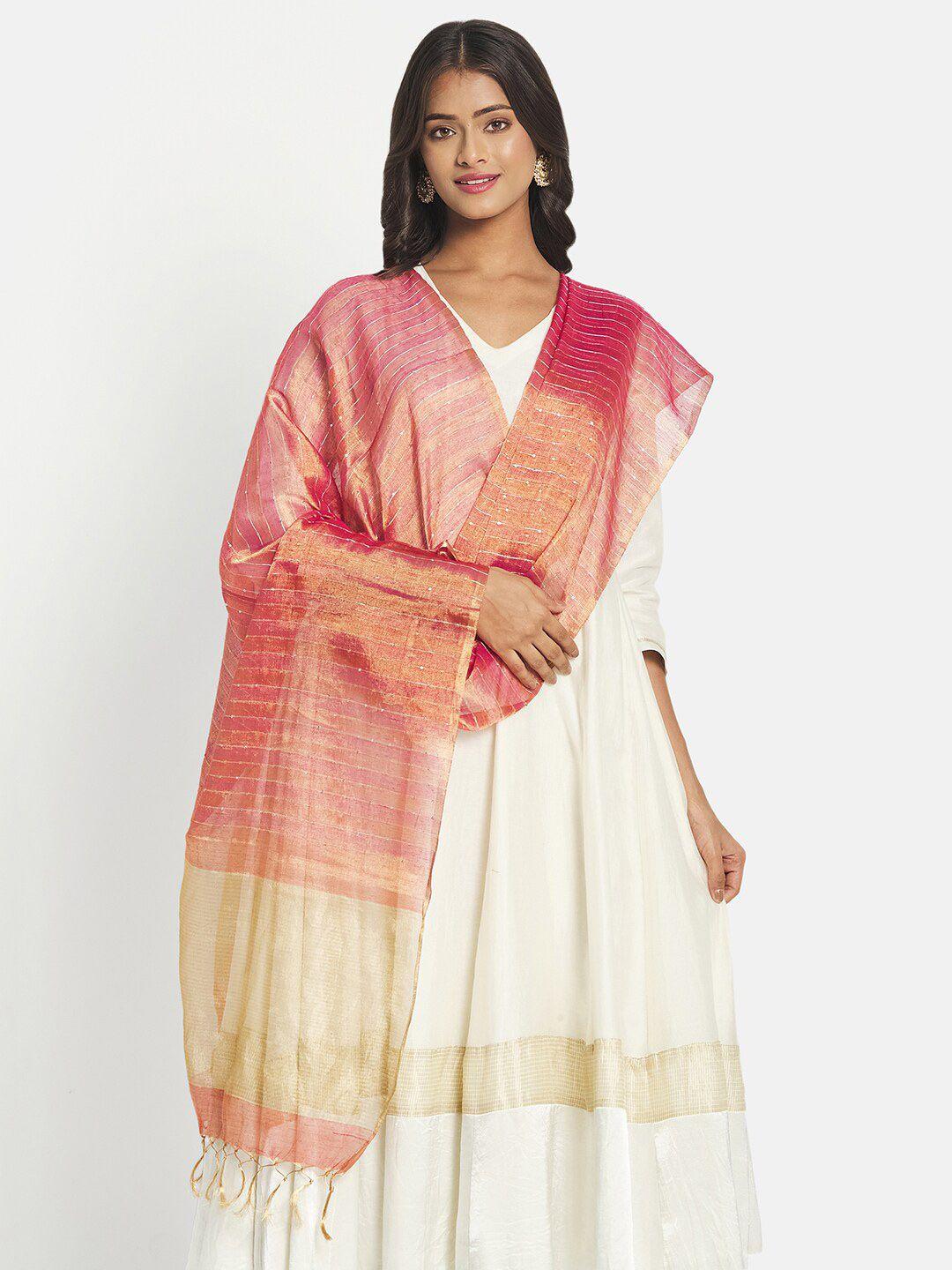 fabindia orange & gold-toned striped cotton silk dupatta