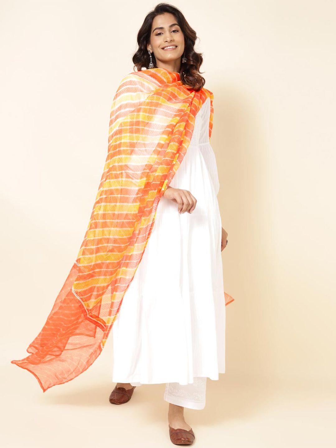 fabindia orange & yellow striped cotton silk dupatta