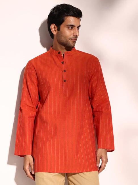 fabindia orange cotton blend regular fit striped kurta