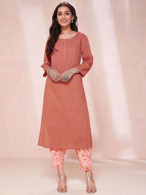 fabindia orange cotton embroidered kurta & salwar set