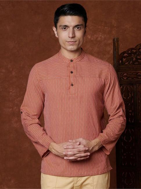 fabindia orange cotton regular fit striped short kurta