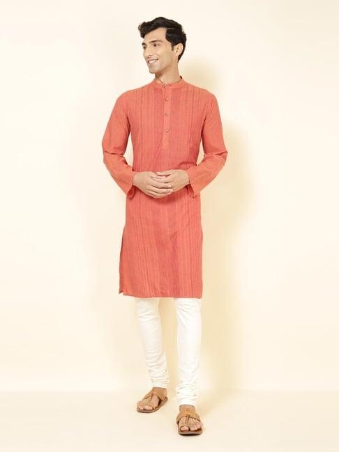 fabindia orange cotton slim fit embroidered kurta