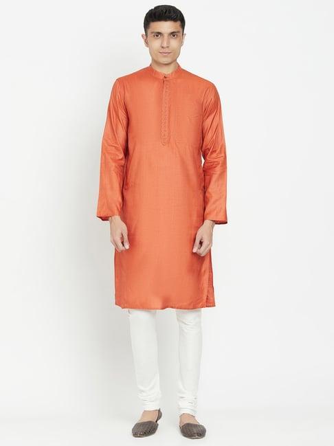 fabindia orange embroidered mandarin collar kurta