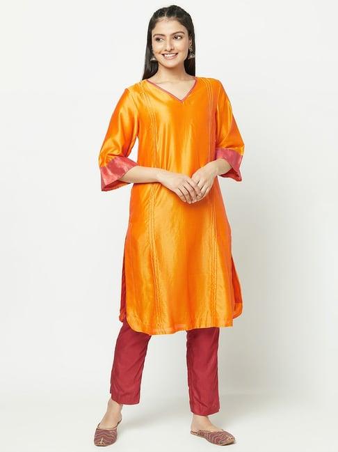 fabindia orange embroidered straight kurta