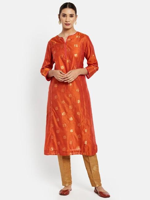 fabindia orange woven pattern straight kurta