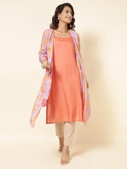 fabindia peach & purple floral print straight kurta with overlay