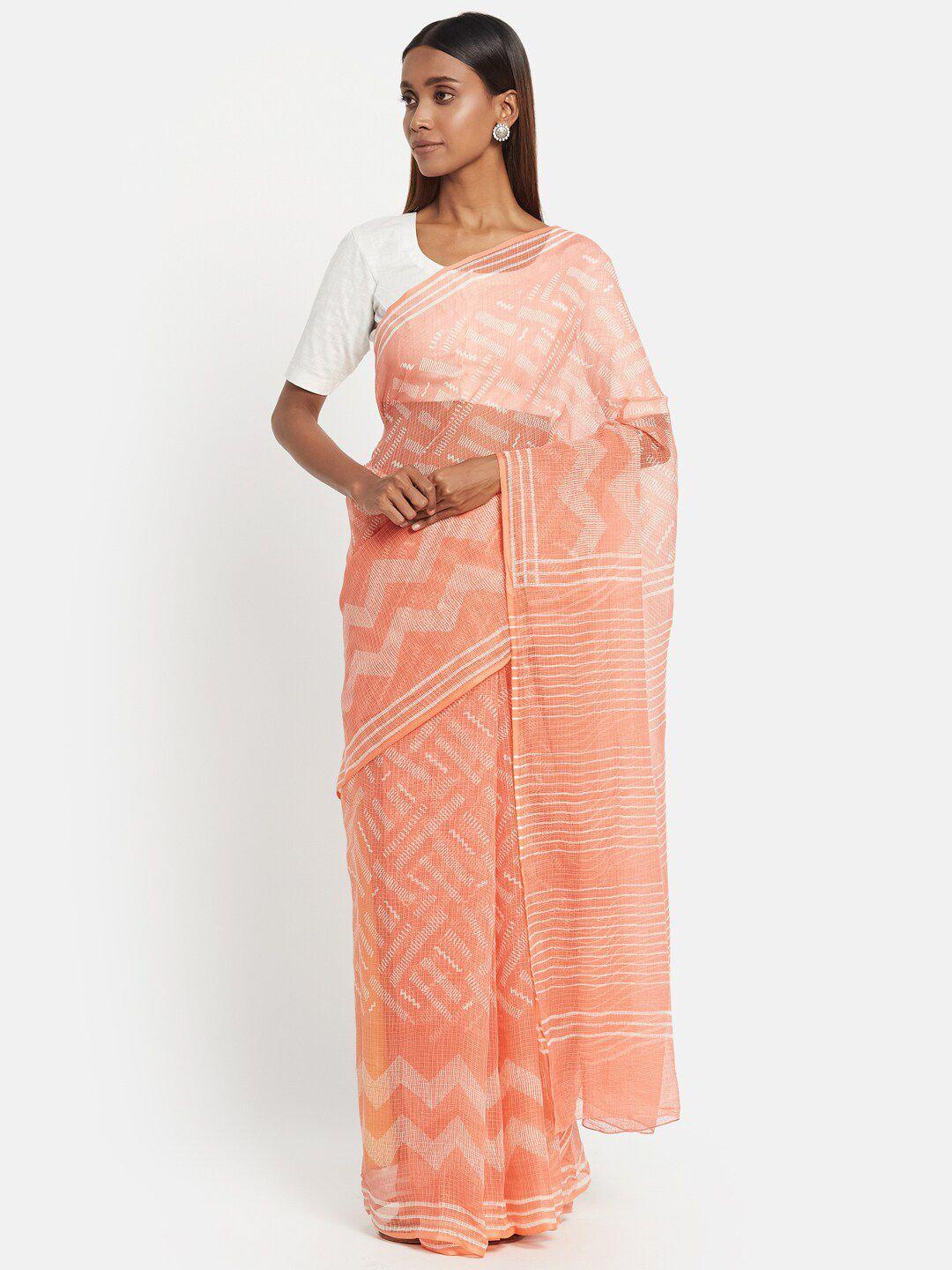 fabindia peach-coloured & white silk cotton block print saree