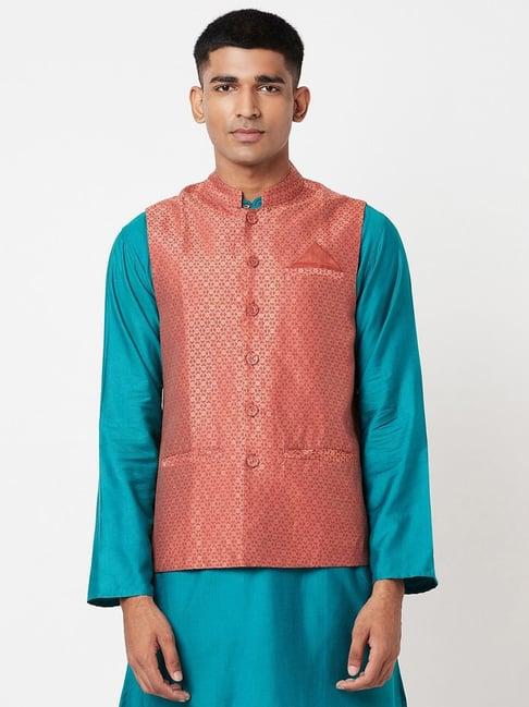 fabindia peach comfort fit printed nehru jacket