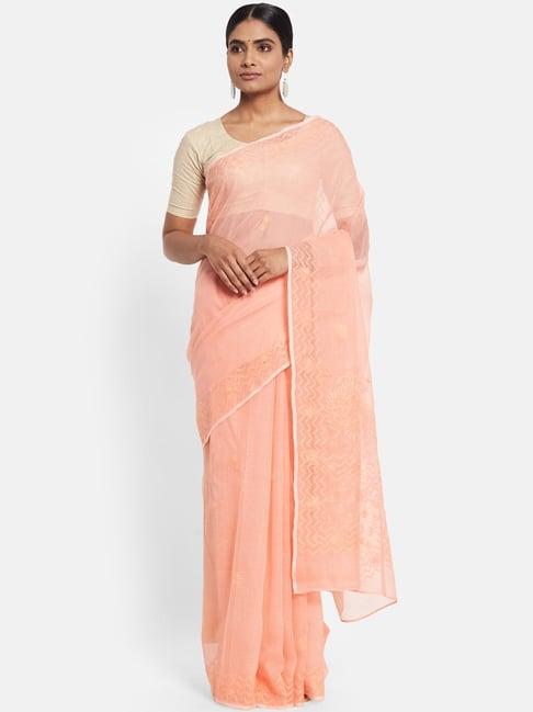 fabindia peach cotton silk embroidered saree