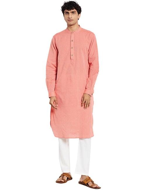 fabindia peach cotton slim fit striped kurta