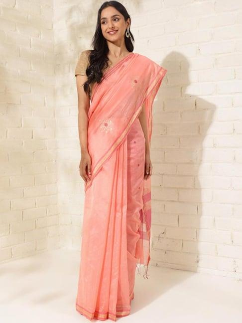 fabindia peach woven saree without blouse