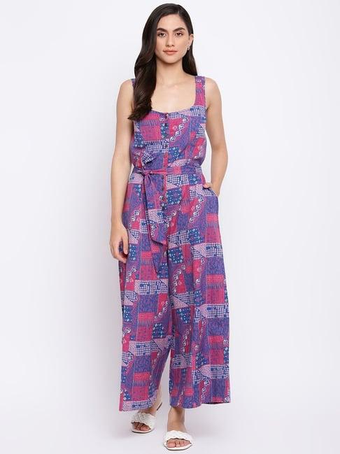 fabindia pink & blue cotton linen printed jumpsuit