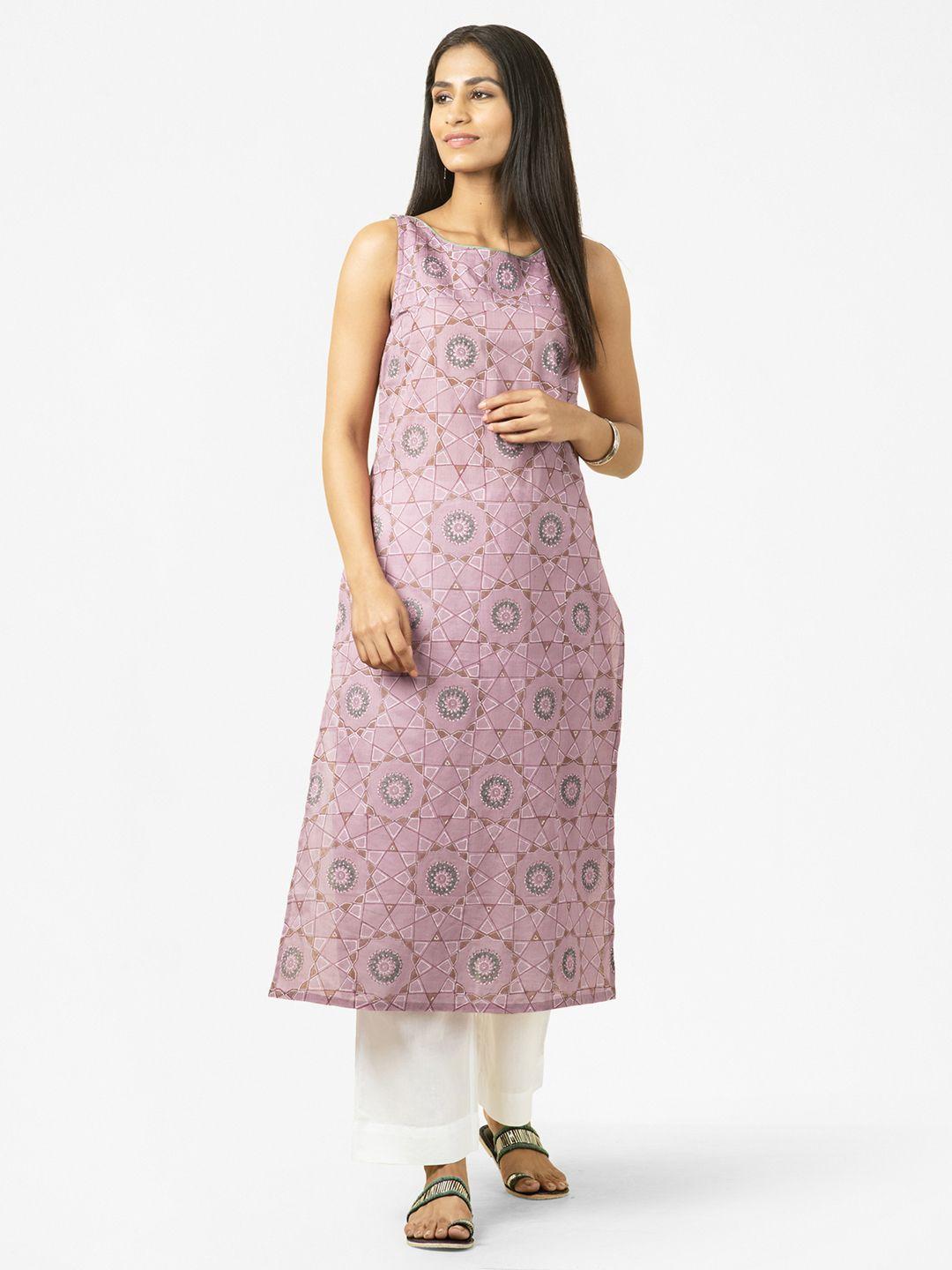 fabindia pink & green slim fit hand block printed straight kurta